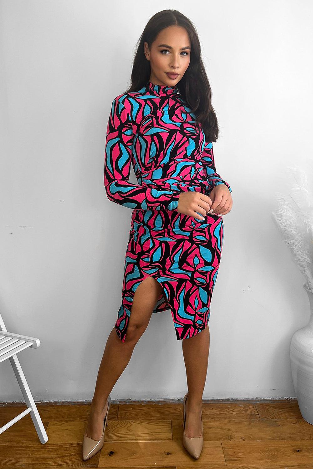 Abstract Multicolour Print High Neck Slinky Dress