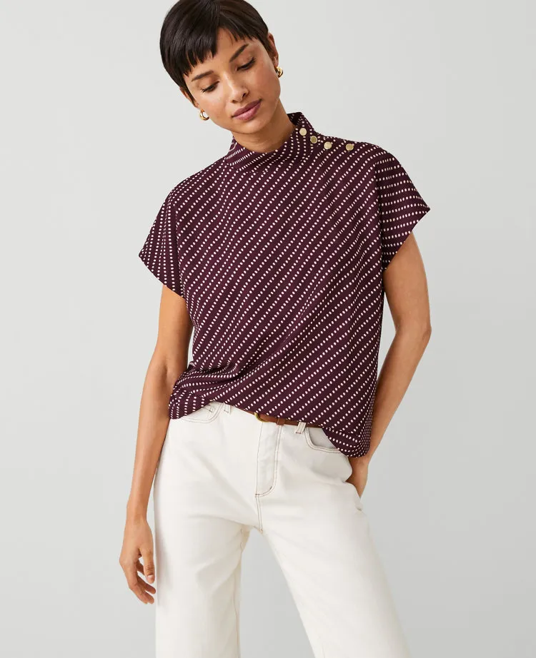 Ann Taylor Striped Shoulder Button Mock Neck Top Plum Rose Women's