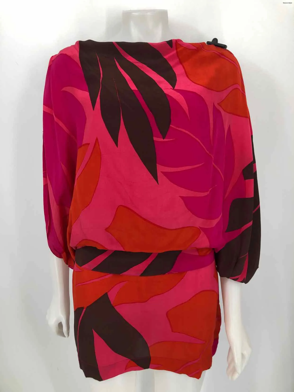 ANTIK BATIK Fuchsia Brown Multi Silk Graphic Print Mini Size LARGE  (L) Dress