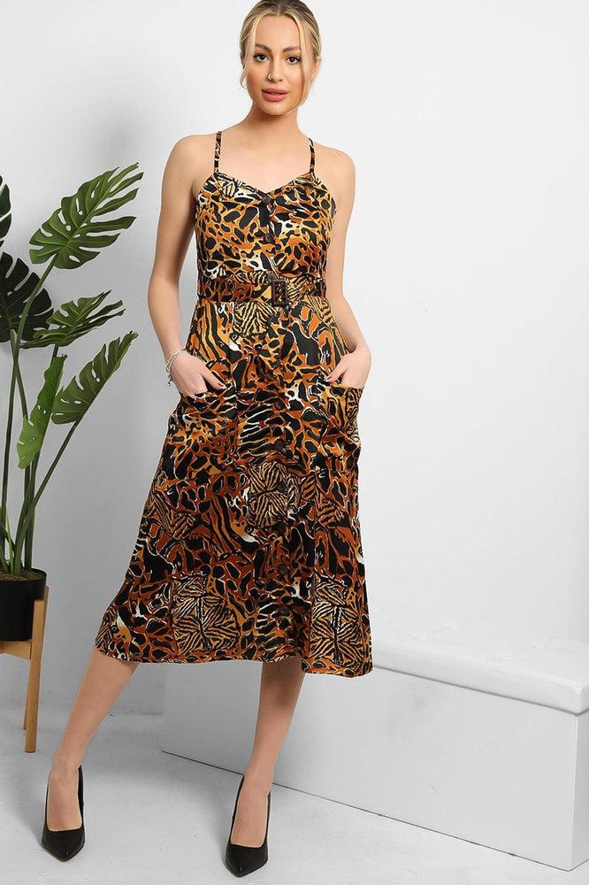 Black Brown Mixed Animal Print Satin Cami Dress