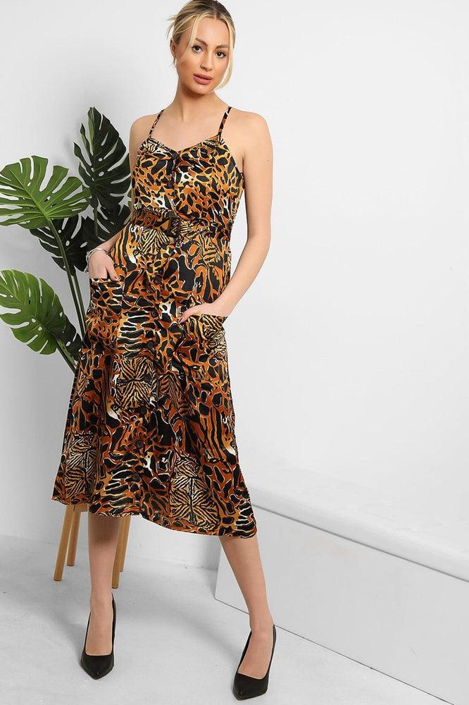 Black Brown Mixed Animal Print Satin Cami Dress