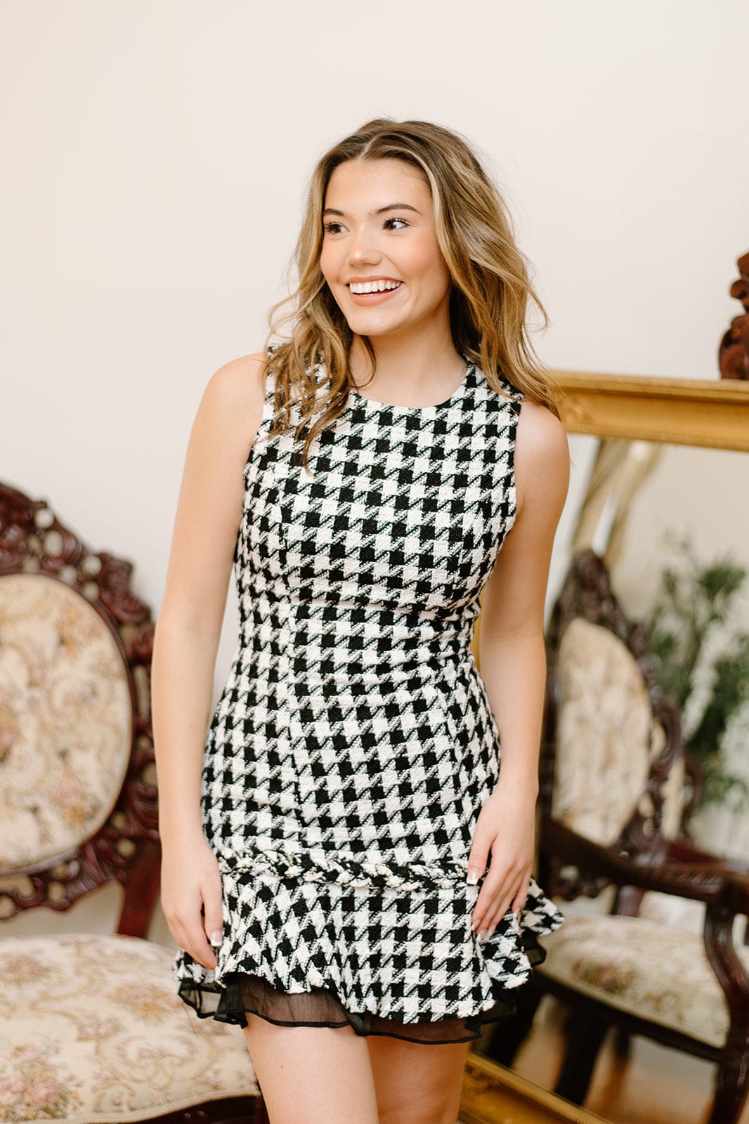 Black Houndstooth Ruffle Hem Dress