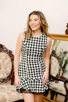 Black Houndstooth Ruffle Hem Dress