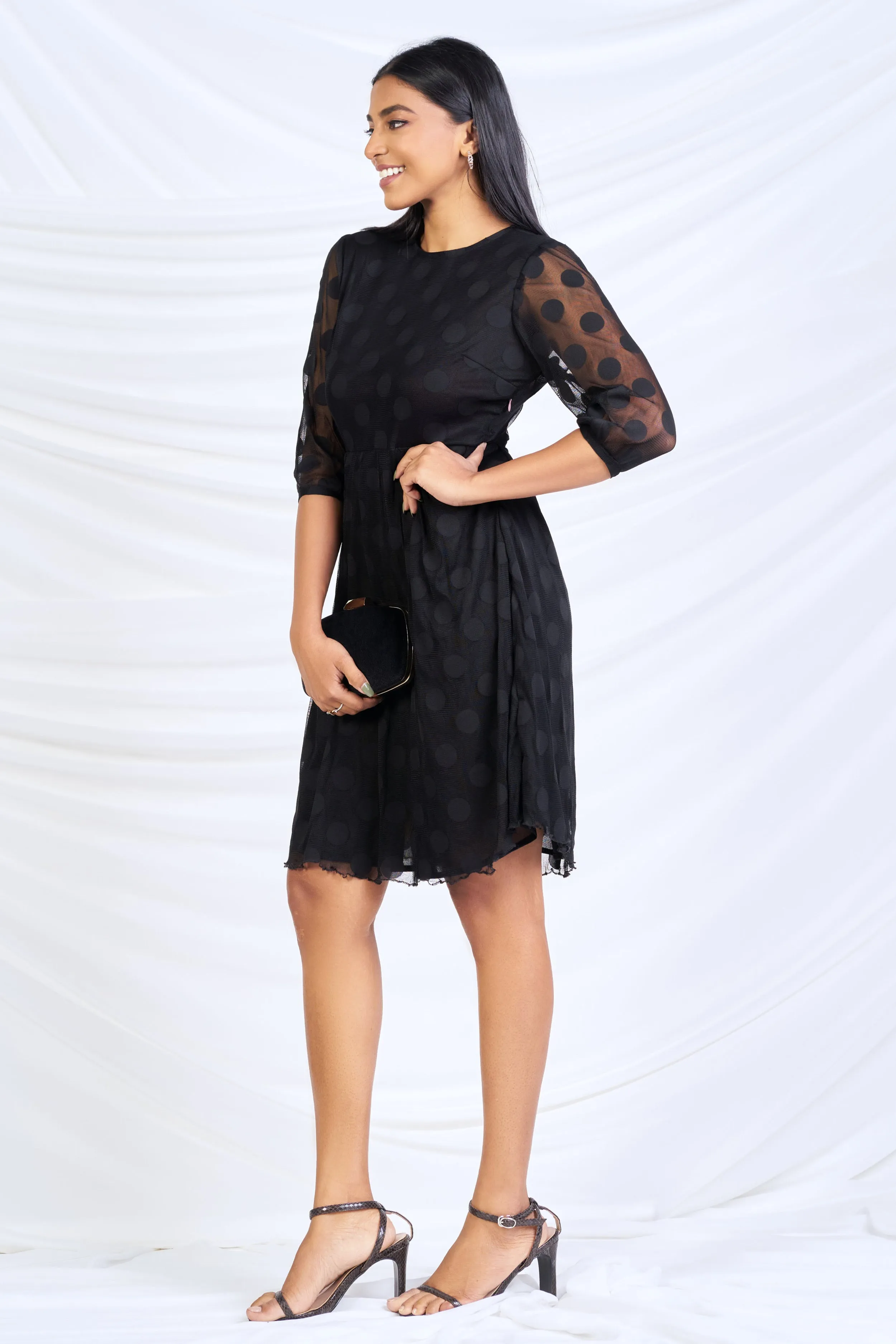 Black Lace Dot Skater Dress - Slim Fit