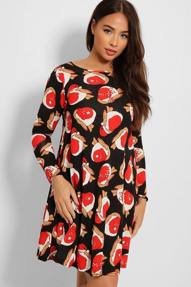 Black Red Robin Print Christmas Dress