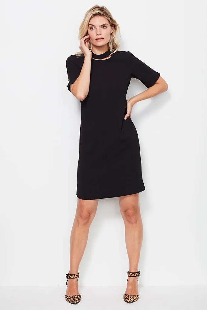 Black Shift Dress With Button Neck