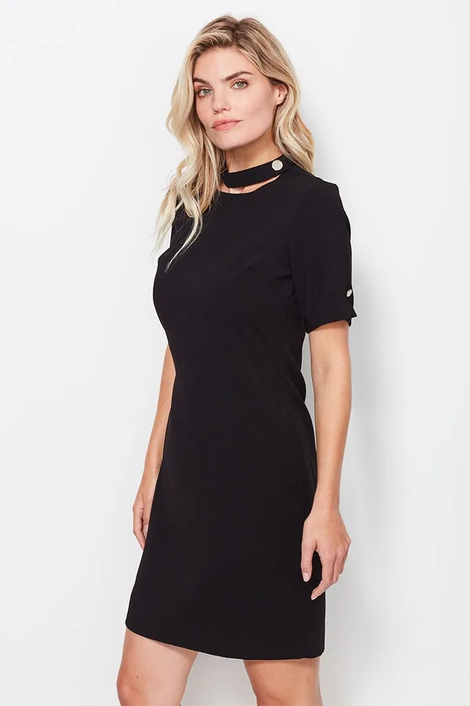 Black Shift Dress With Button Neck