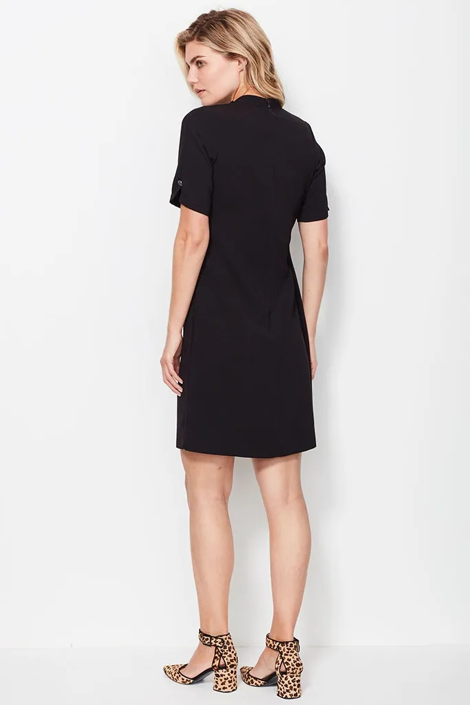 Black Shift Dress With Button Neck