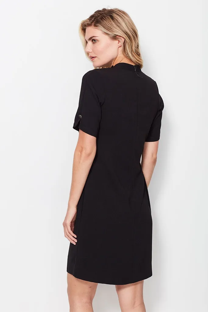 Black Shift Dress With Button Neck