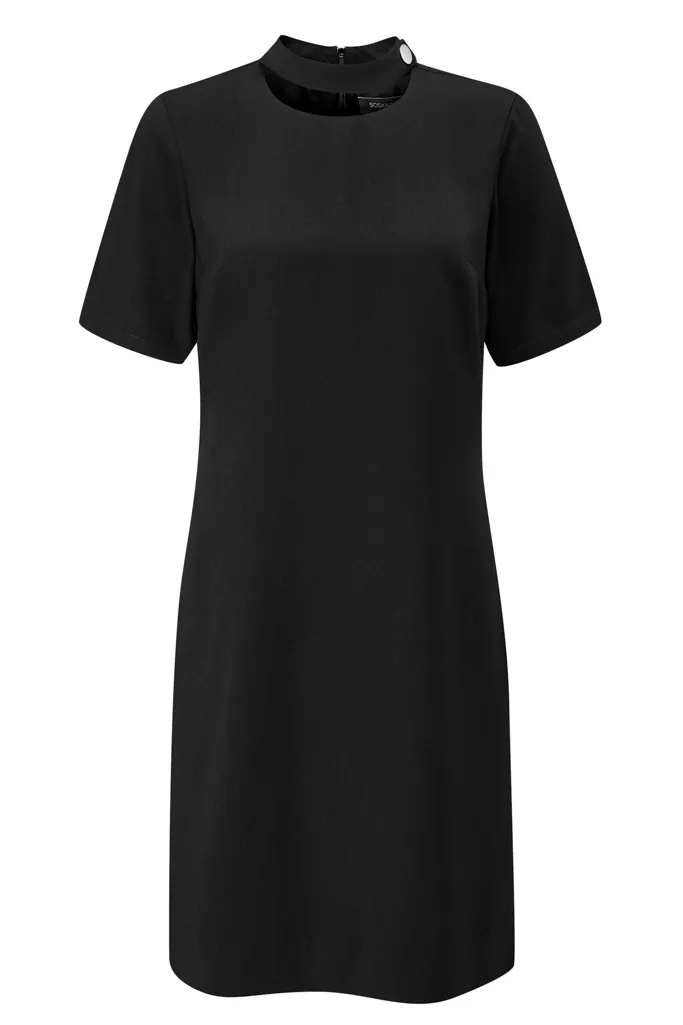 Black Shift Dress With Button Neck