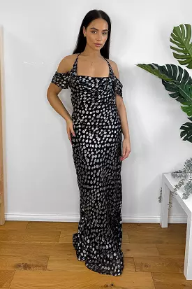 Black Silver Print Off Shoulder Maxi Dress