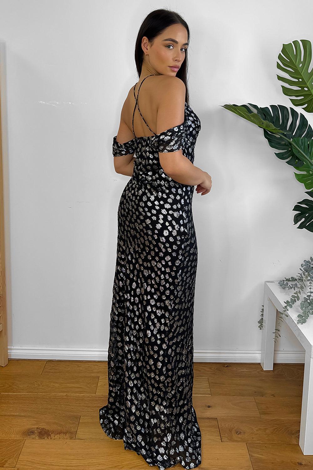 Black Silver Print Off Shoulder Maxi Dress