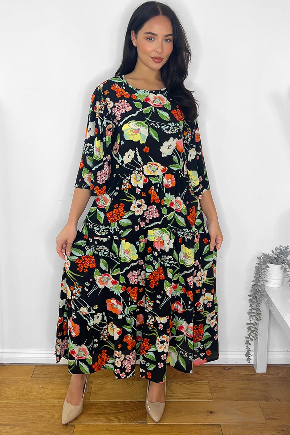 Black Spring Floral Print Maxi Dress