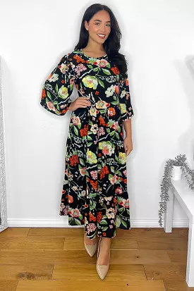 Black Spring Floral Print Maxi Dress