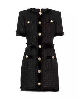 Black Tweed Knit Gold Button Dress