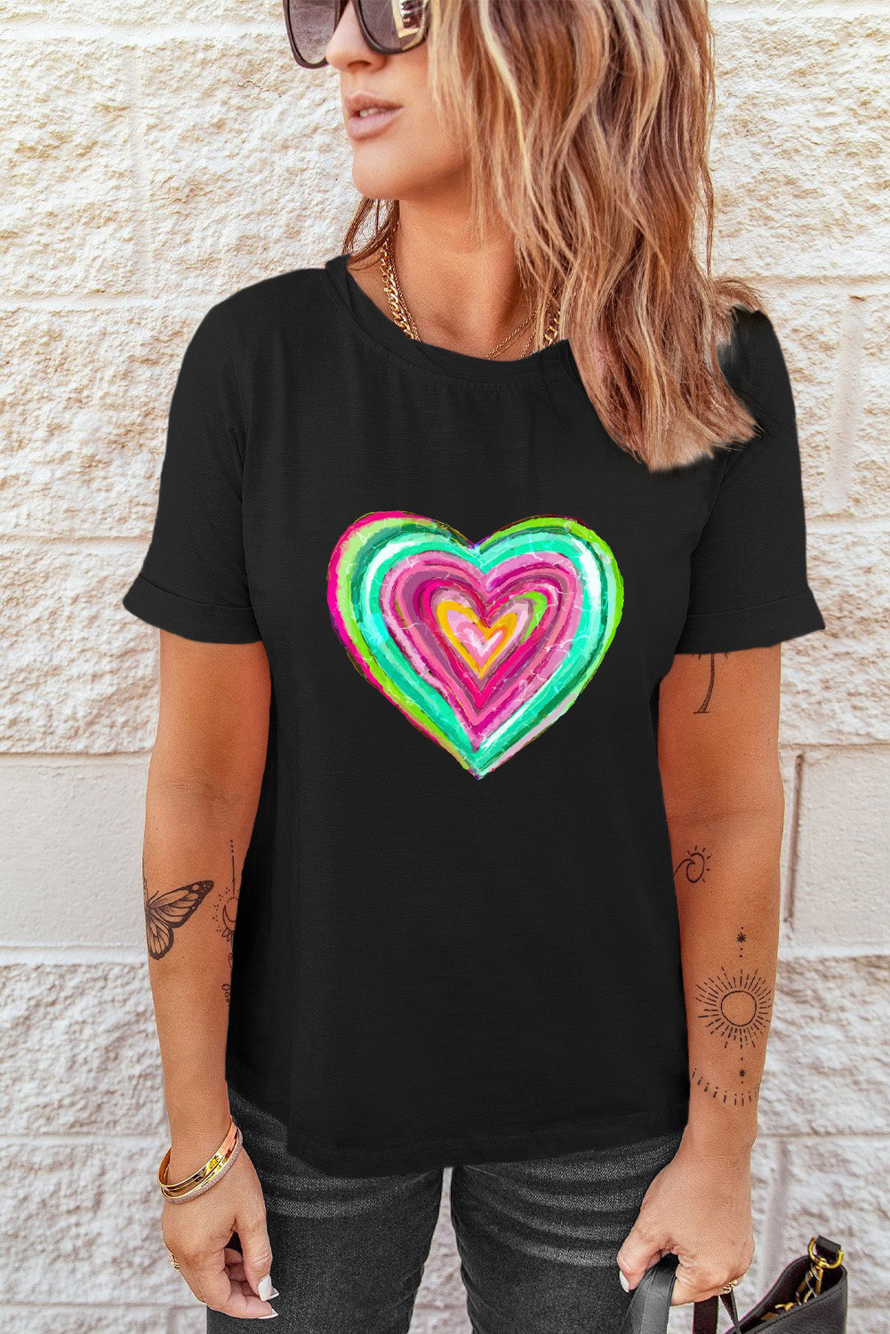 Black Valentine Heart Print Crew Neck Graphic Tee