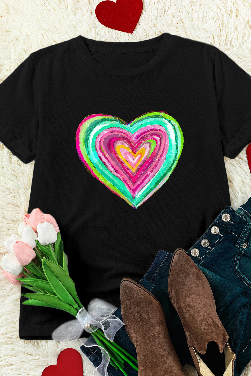 Black Valentine Heart Print Crew Neck Graphic Tee