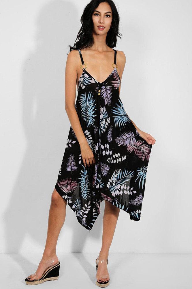 Blue Lilac Leaves Print Asymmetric Hem Slinky Dress