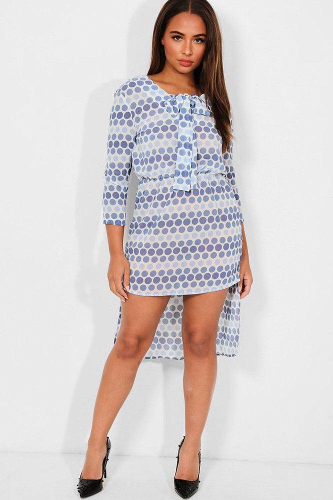 Blue Polka Dot Print Dip Hem Chiffon Dress