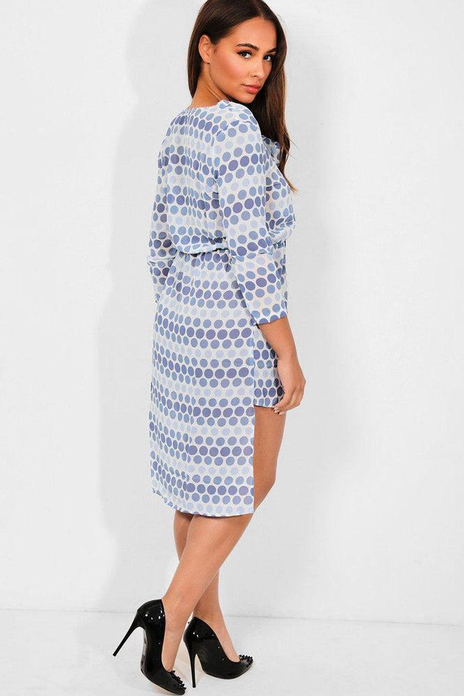 Blue Polka Dot Print Dip Hem Chiffon Dress