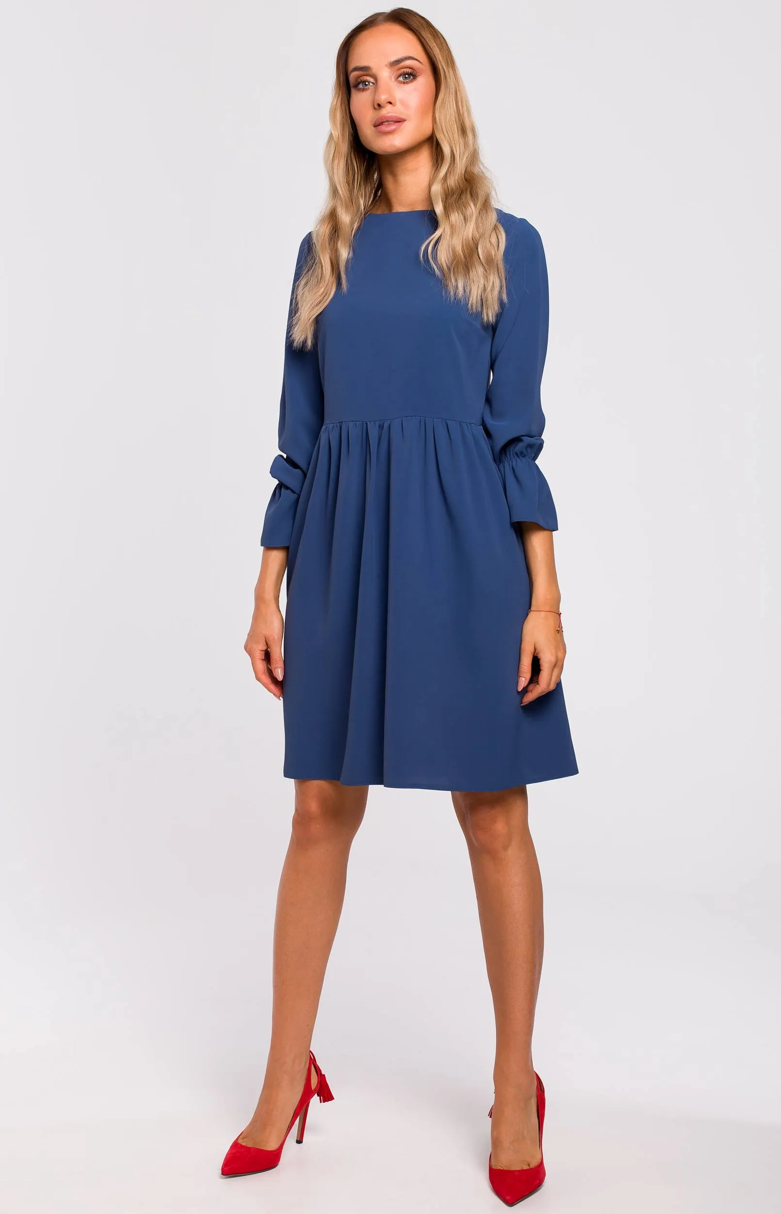 Blue shift dress with ruggled sleeves