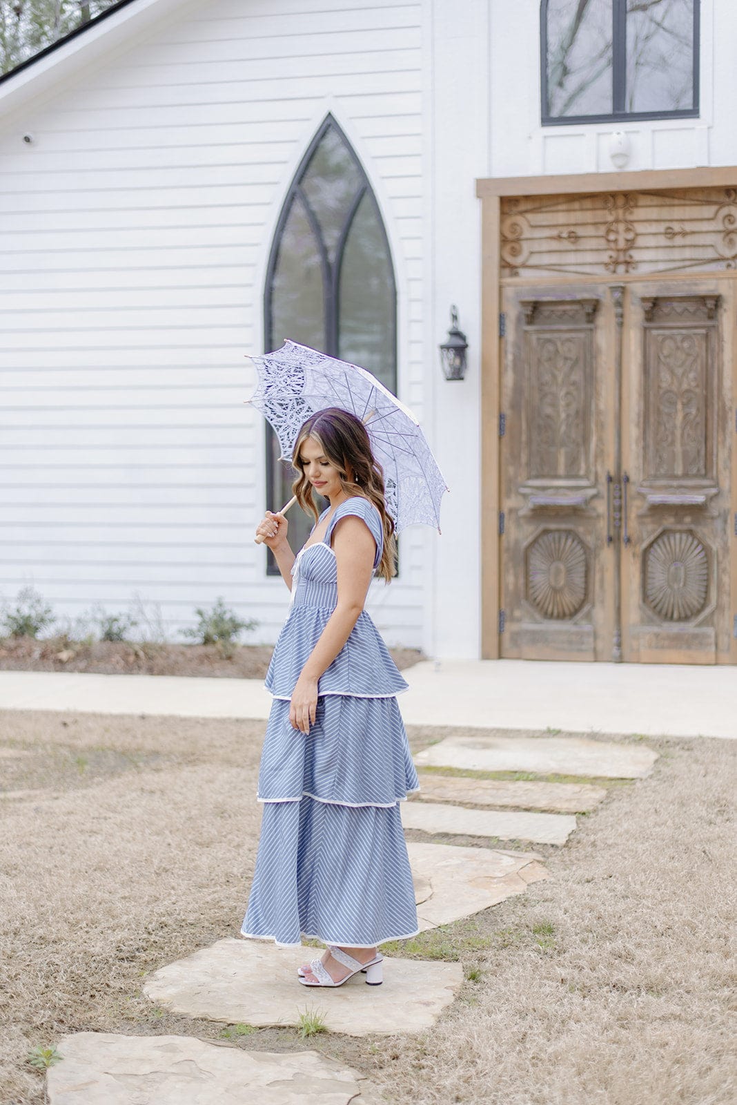 Blue Striped Tiered Ruffle Midi Dress