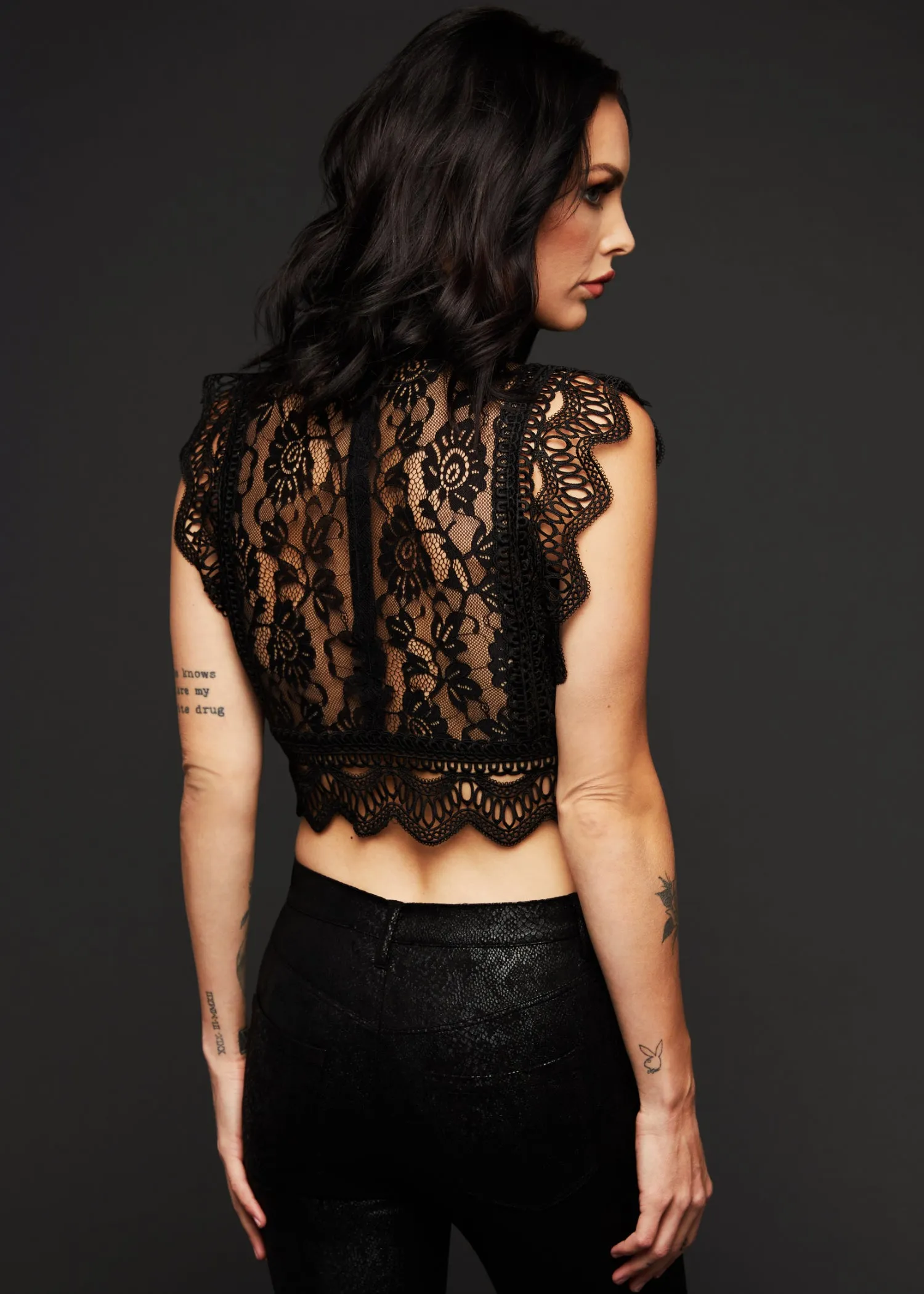 Bring on the Night Mock Neck Cropped Black Lace Top