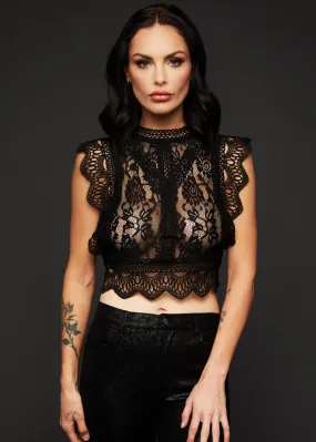 Bring on the Night Mock Neck Cropped Black Lace Top