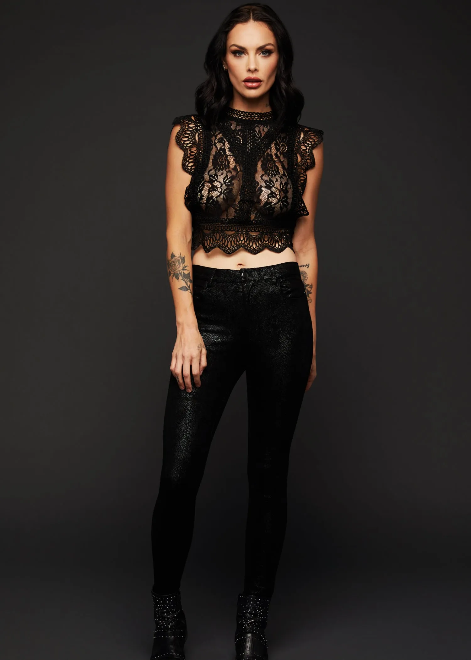 Bring on the Night Mock Neck Cropped Black Lace Top