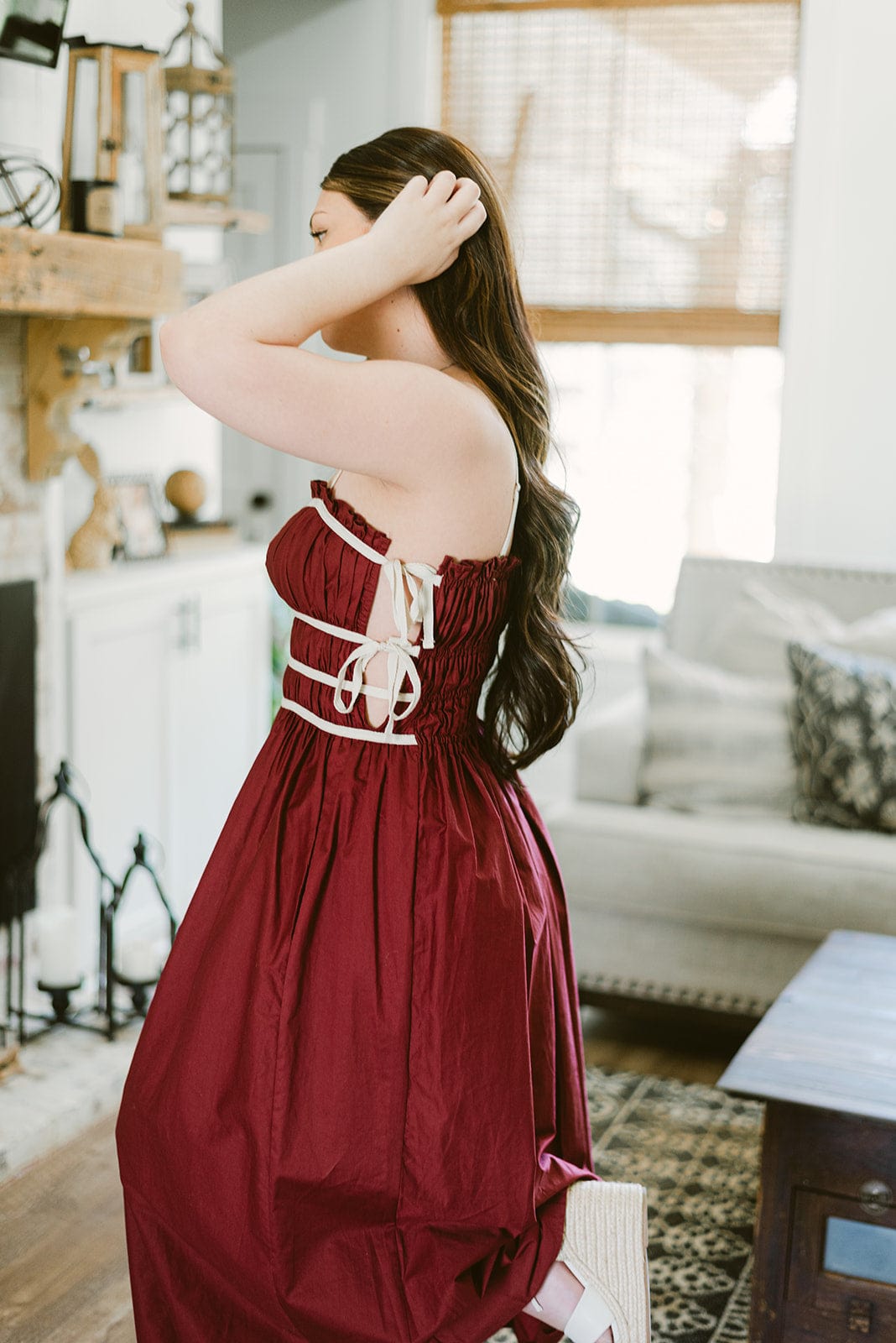 Burgundy Poplin Tie Detail Midi Dress