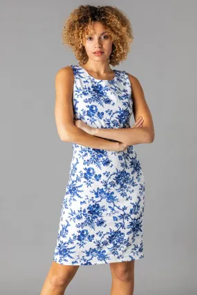 Button Back Printed Shift Dress in Blue - Roman Originals UK