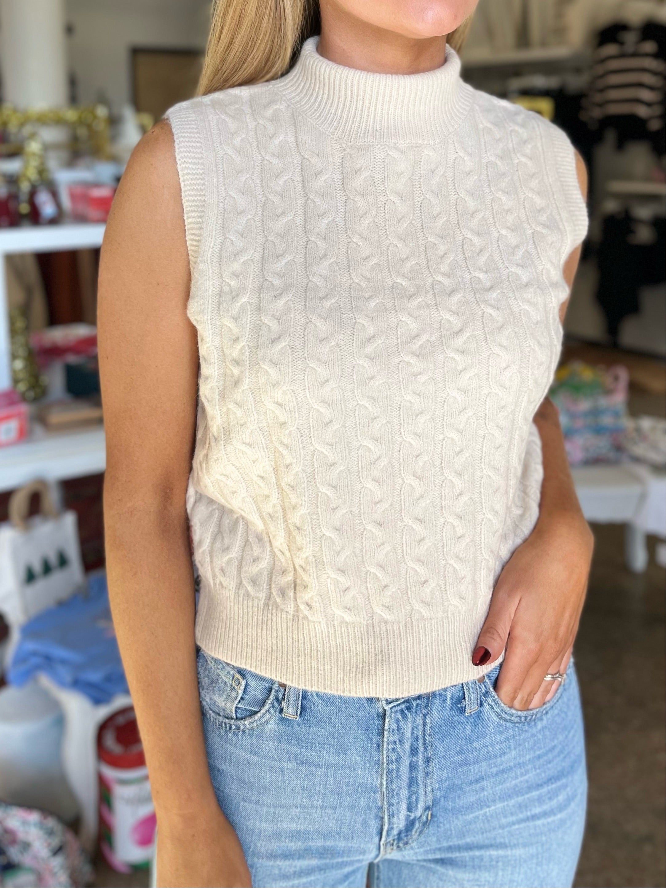 Cable Knit High Neck Sweater Vest - Natural