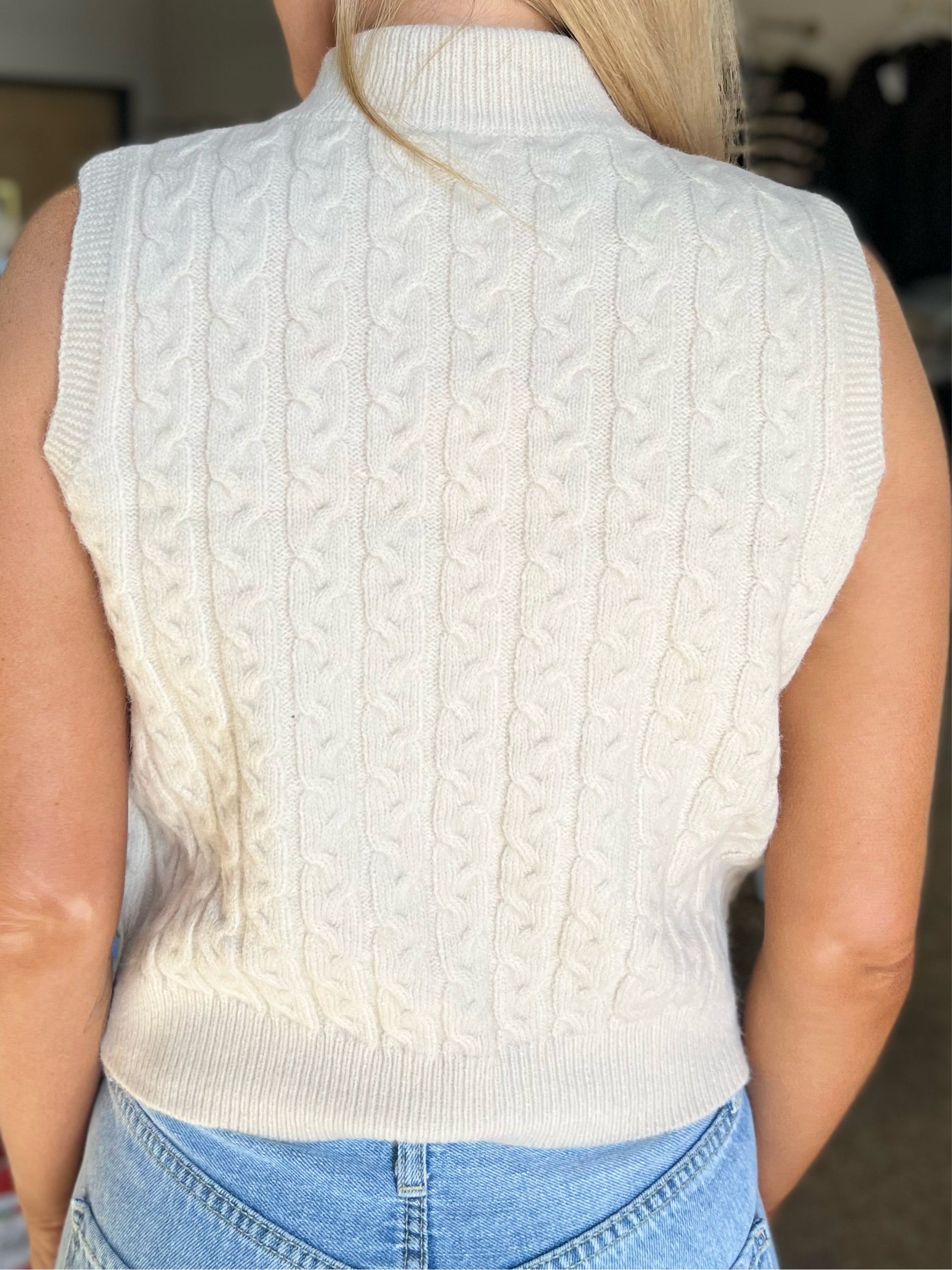 Cable Knit High Neck Sweater Vest - Natural