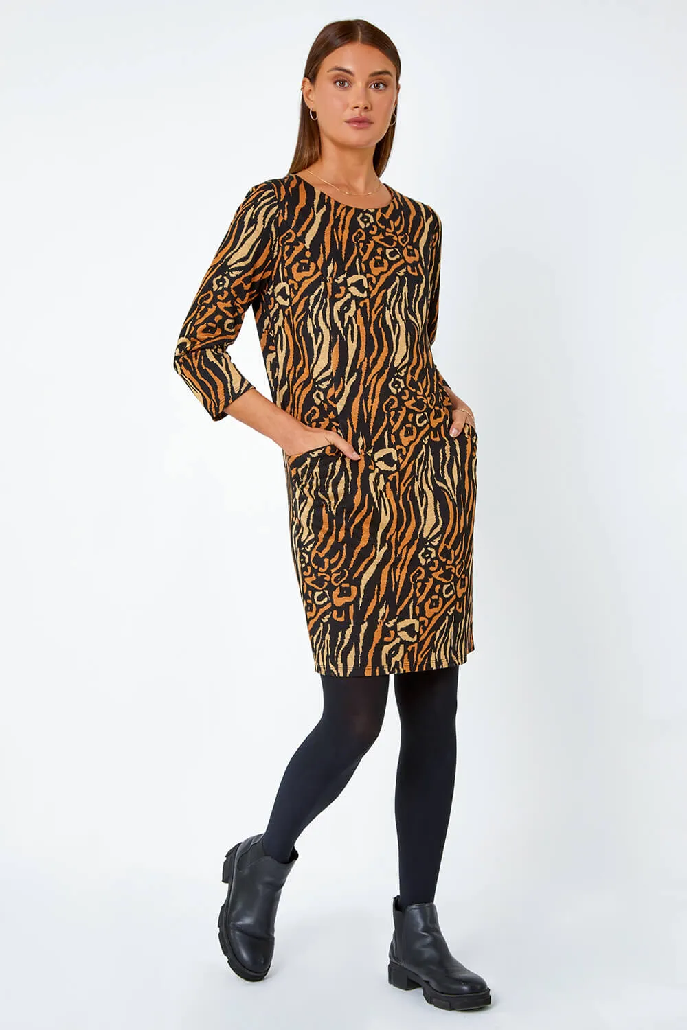 Camel Animal Print Shift Stretch Dress | Roman UK