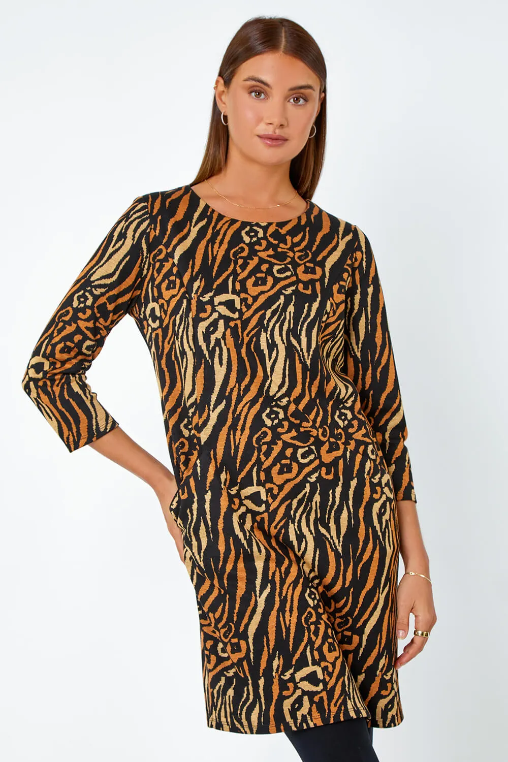 Camel Animal Print Shift Stretch Dress | Roman UK