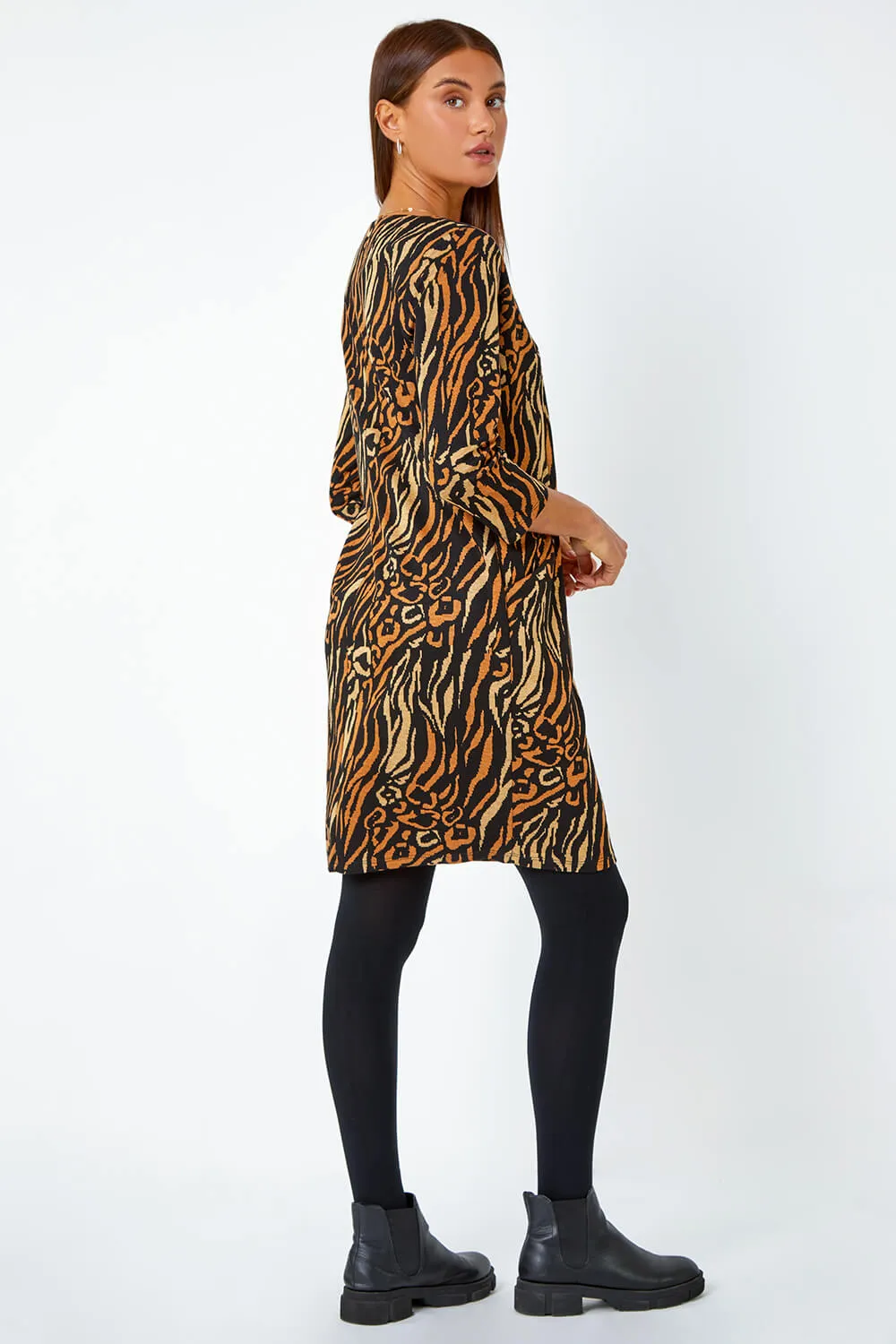 Camel Animal Print Shift Stretch Dress | Roman UK