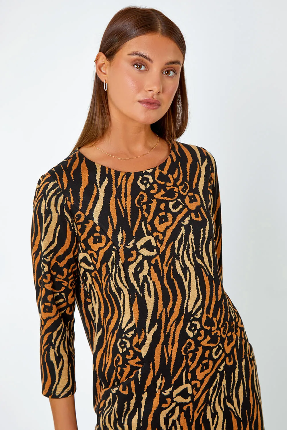 Camel Animal Print Shift Stretch Dress | Roman UK