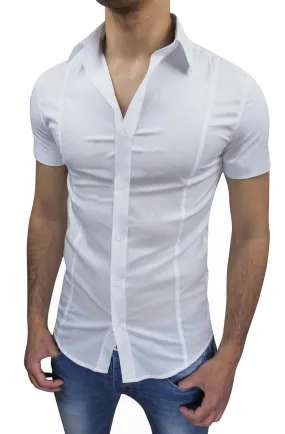 CAMICIA UOMO CASUAL SLIM FIT BIANCA ELASTICIZZATA MANICHE CORTE tag S M L XL XXL