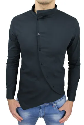 CAMICIA UOMO COTONE SLIM FIT NERO CON COLLETTO COREANA E BOTTONI TRASVERSALI