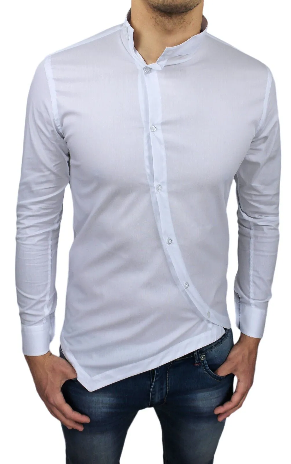 CAMICIA UOMO SLIM FIT BIANCA IN COTONE CON COLLETTO ALLA COREANA XS S M L XL XXL