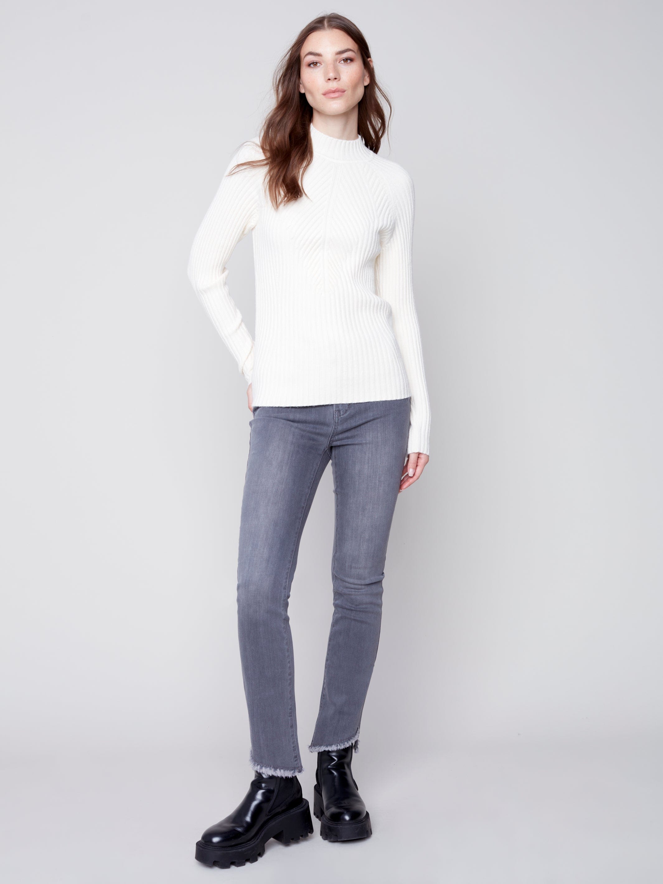 Charlie B Mock Neck Rib  Ecru  - C2553