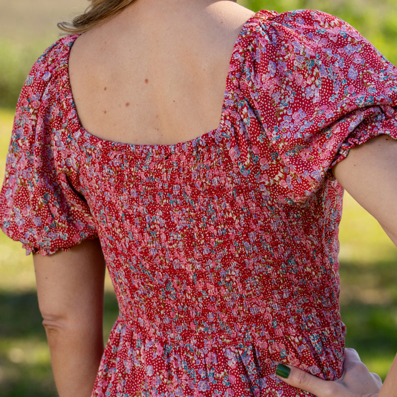 Cinched Sleeve Keyhole Red Multi Mini Dress