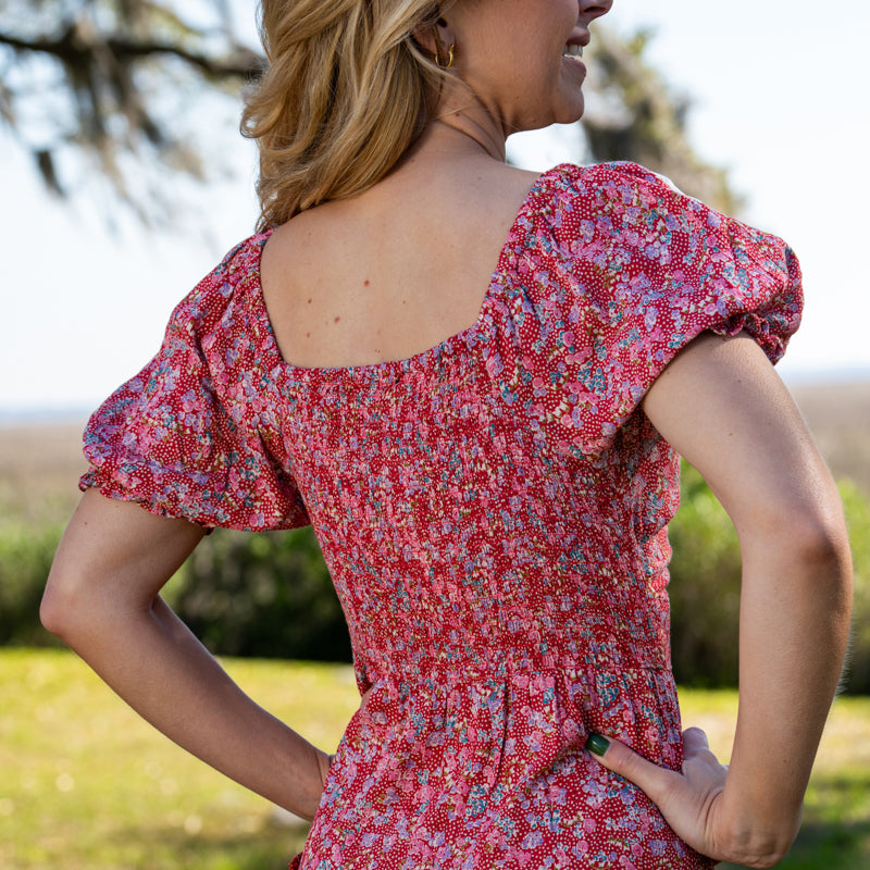 Cinched Sleeve Keyhole Red Multi Mini Dress