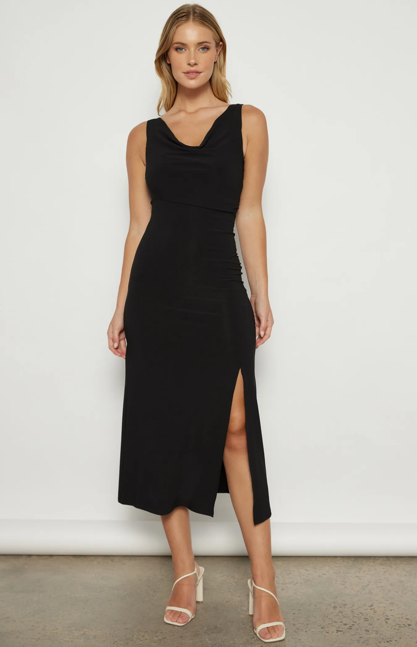 Cowl Neck Stretch Jersey Midi Dress with Split (WDR692A)