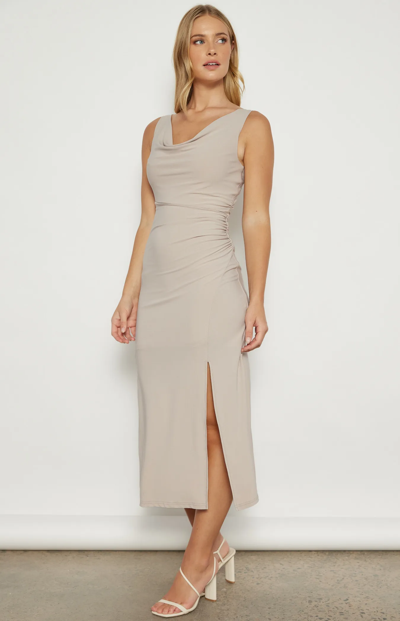 Cowl Neck Stretch Jersey Midi Dress with Split (WDR692A)