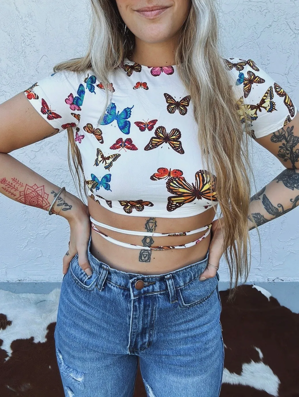 Crazy Town Multi Color Butterfly Print Strappy Back Cropped Tee