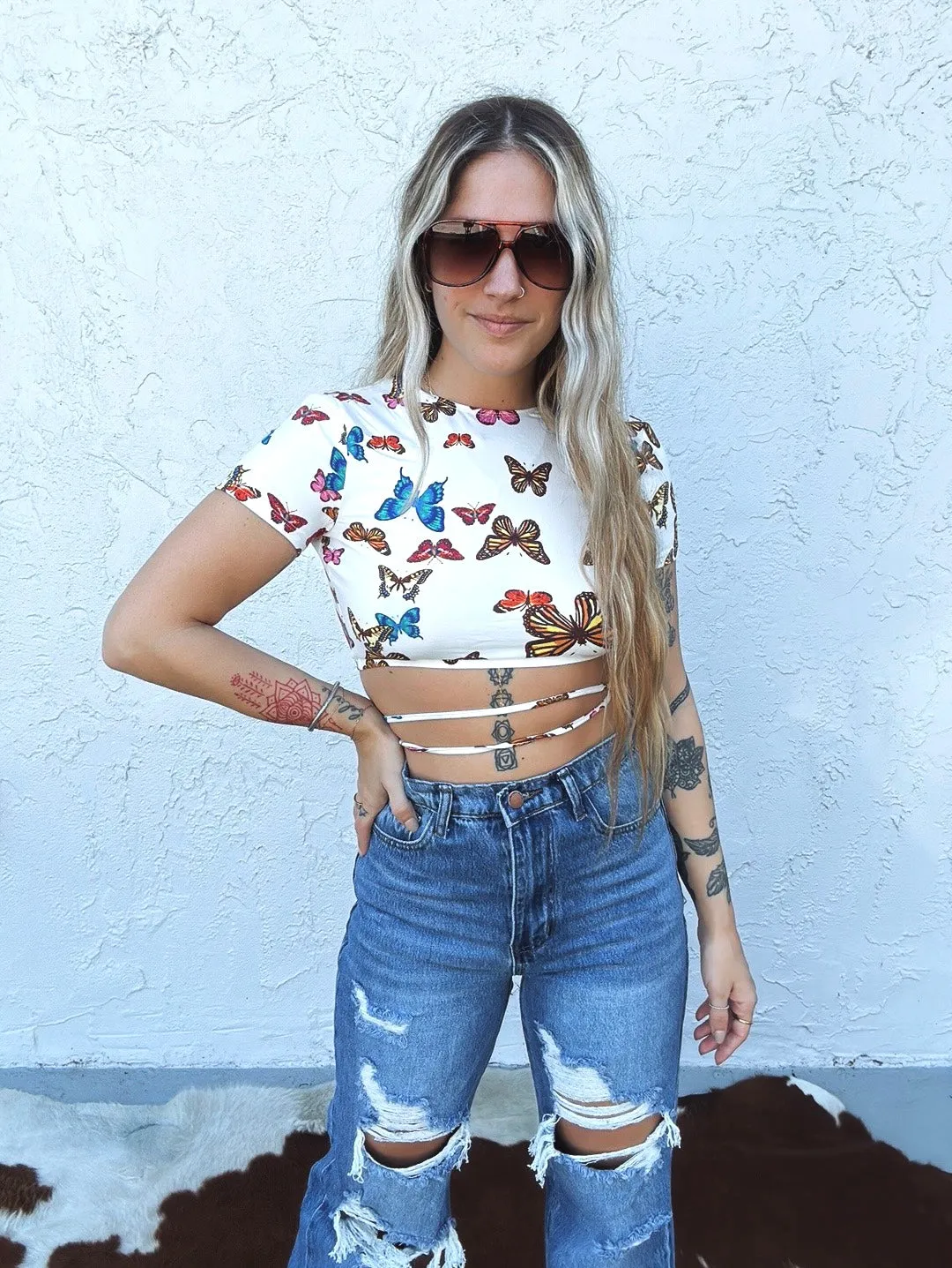 Crazy Town Multi Color Butterfly Print Strappy Back Cropped Tee