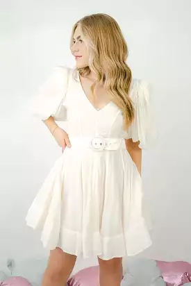 Cream Puff Sleeve Belted Mini Dress