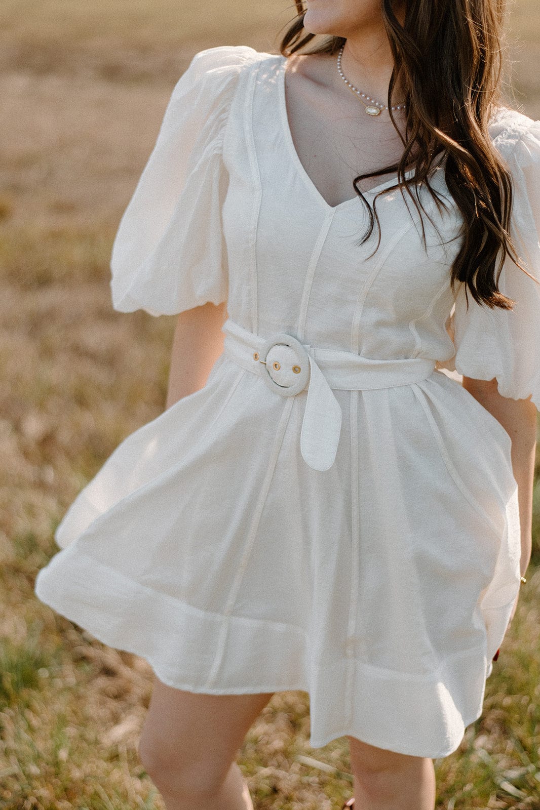 Cream Puff Sleeve Belted Mini Dress