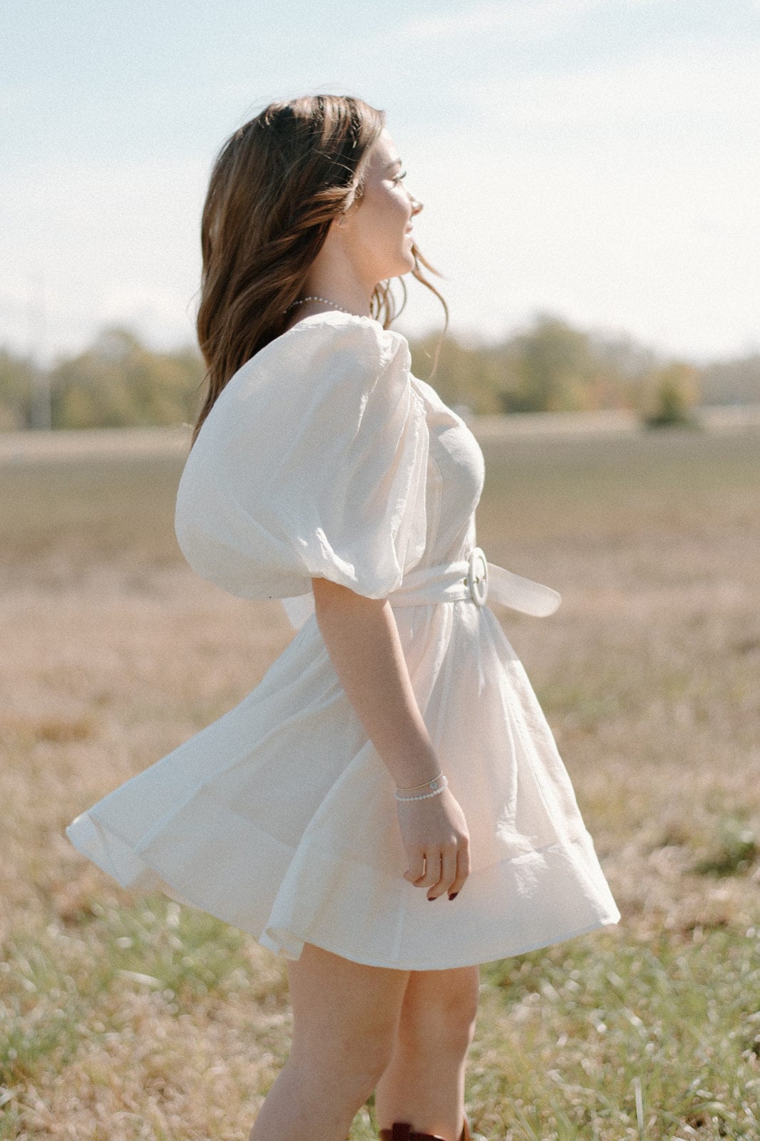 Cream Puff Sleeve Belted Mini Dress